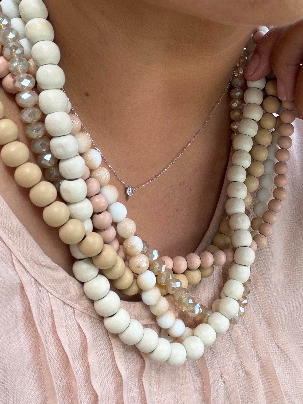 Boho Multi Strand Wood Bead Statement Necklace Blush Ivory Tan Crystal